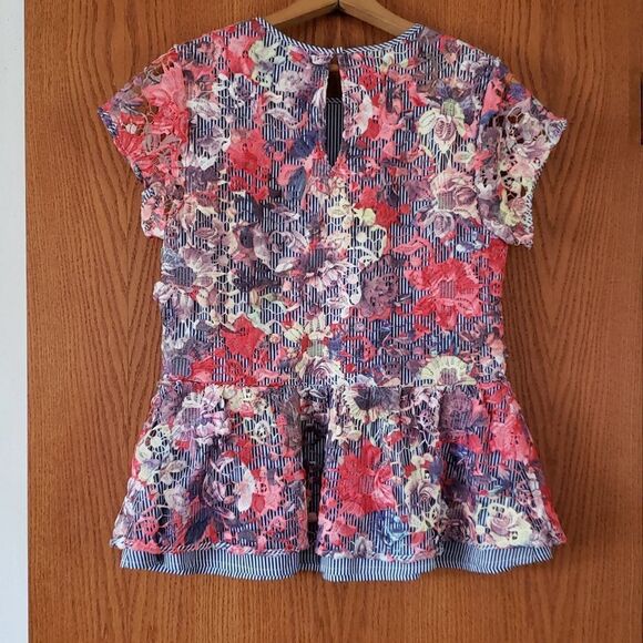 EUC Halogen White & Blue Striped Top with Colorful Lace Floral Overlay Sz XS - Picture 3 of 4